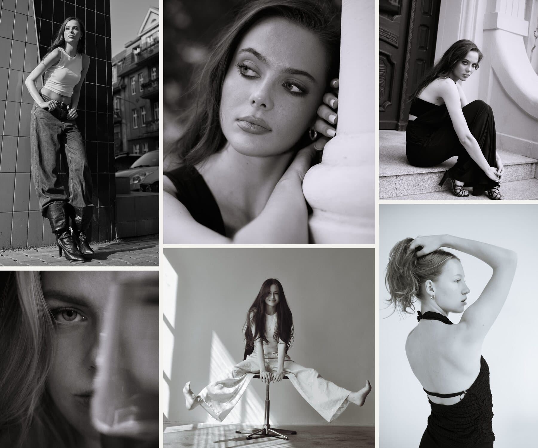 Kolaż czarno-białych portretów kobiet: na ulicy, na schodach, w studiu i przy szkle – moodboard sesji portretowej